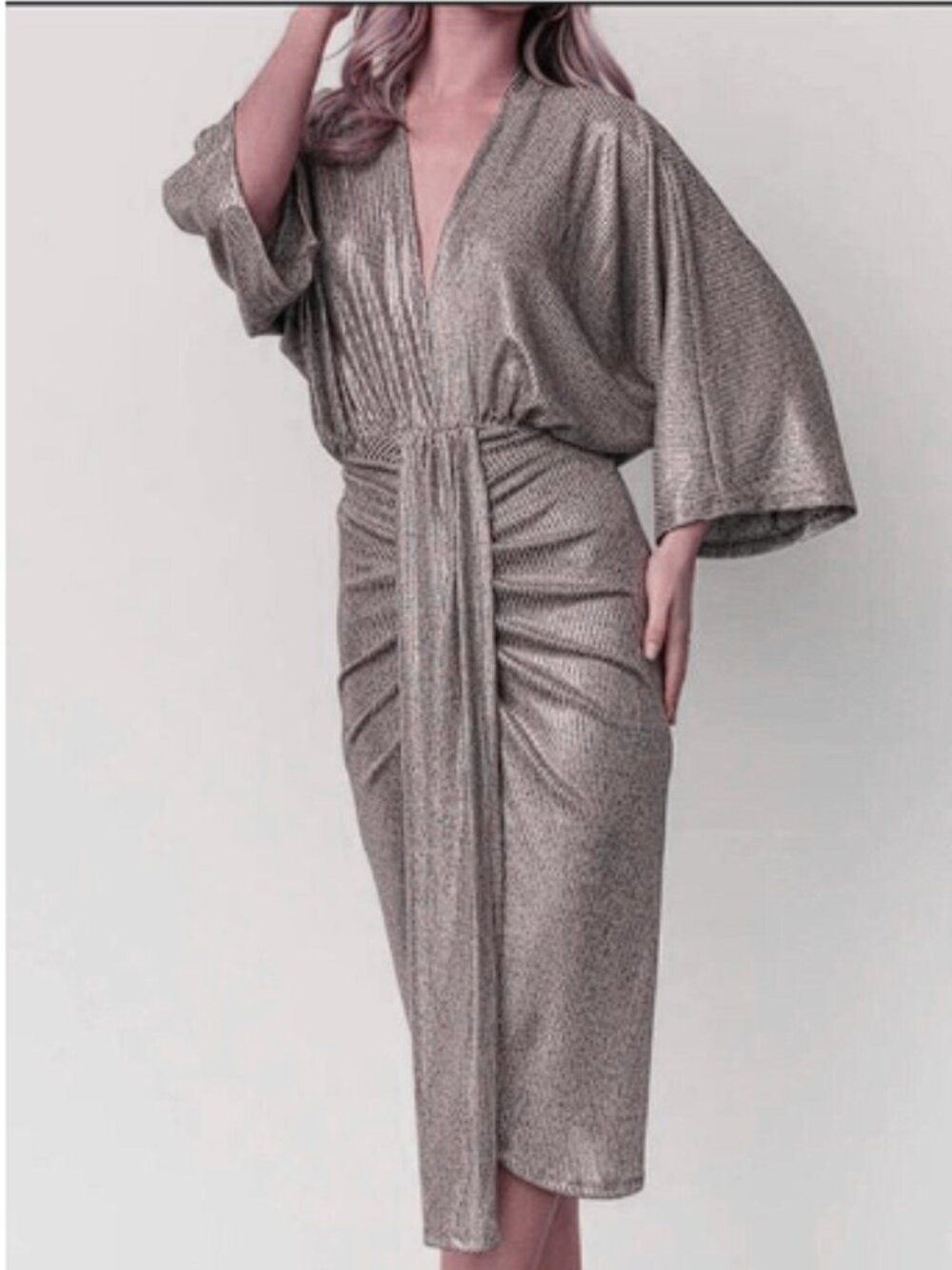 NWT Baltic Born Ciara Ruched Midi Dress Sz M Gold/Silver Metallic